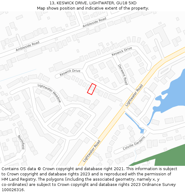 13, KESWICK DRIVE, LIGHTWATER, GU18 5XD: Location map and indicative extent of plot