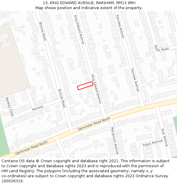 13, KING EDWARD AVENUE, RAINHAM, RM13 9RH: Location map and indicative extent of plot