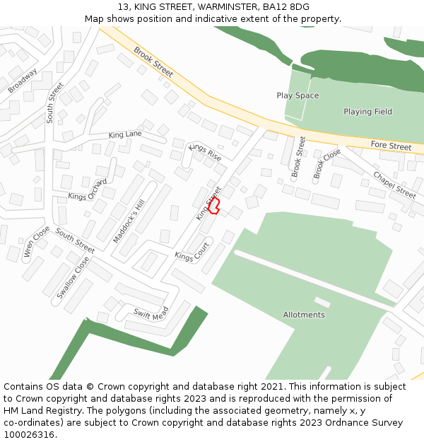 13, KING STREET, WARMINSTER, BA12 8DG: Location map and indicative extent of plot