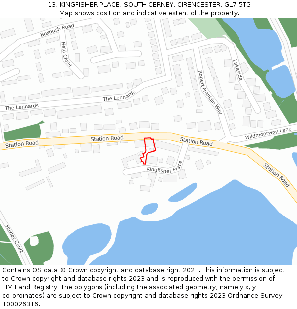 13, KINGFISHER PLACE, SOUTH CERNEY, CIRENCESTER, GL7 5TG: Location map and indicative extent of plot