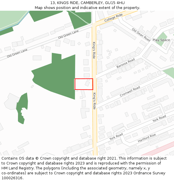 13, KINGS RIDE, CAMBERLEY, GU15 4HU: Location map and indicative extent of plot