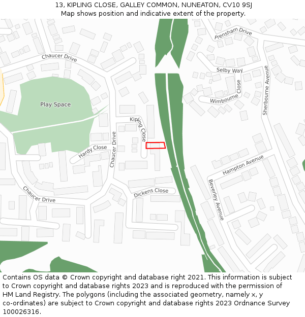 13, KIPLING CLOSE, GALLEY COMMON, NUNEATON, CV10 9SJ: Location map and indicative extent of plot