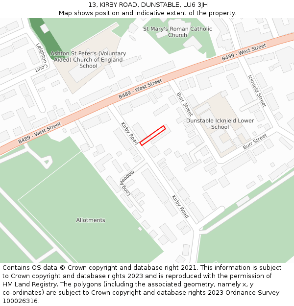 13, KIRBY ROAD, DUNSTABLE, LU6 3JH: Location map and indicative extent of plot