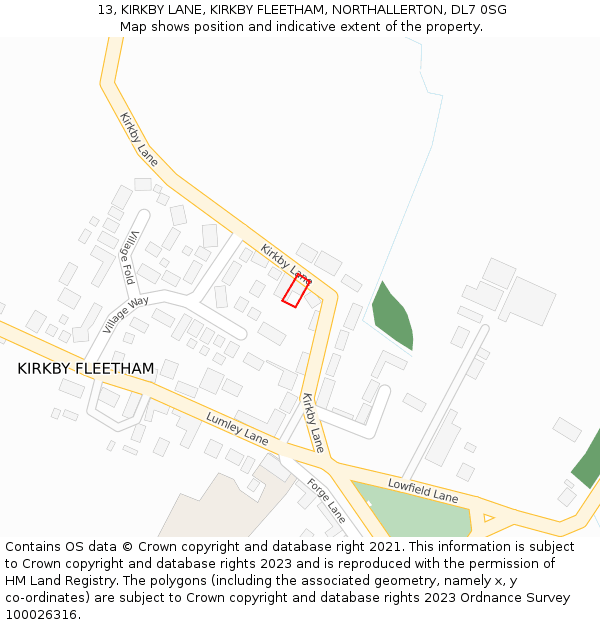 13, KIRKBY LANE, KIRKBY FLEETHAM, NORTHALLERTON, DL7 0SG: Location map and indicative extent of plot