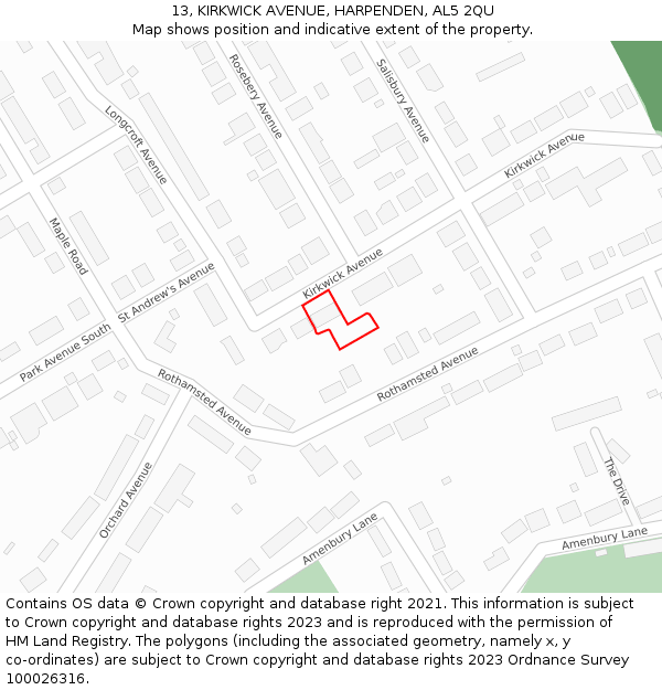 13, KIRKWICK AVENUE, HARPENDEN, AL5 2QU: Location map and indicative extent of plot