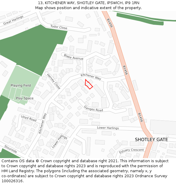 13, KITCHENER WAY, SHOTLEY GATE, IPSWICH, IP9 1RN: Location map and indicative extent of plot