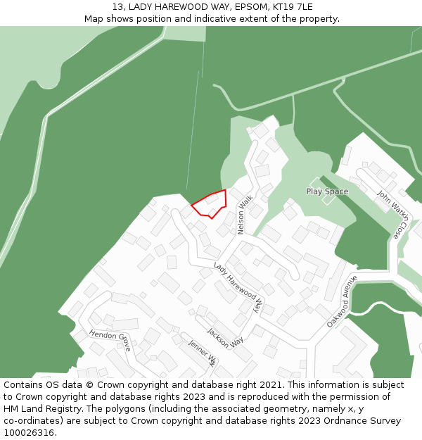 13, LADY HAREWOOD WAY, EPSOM, KT19 7LE: Location map and indicative extent of plot