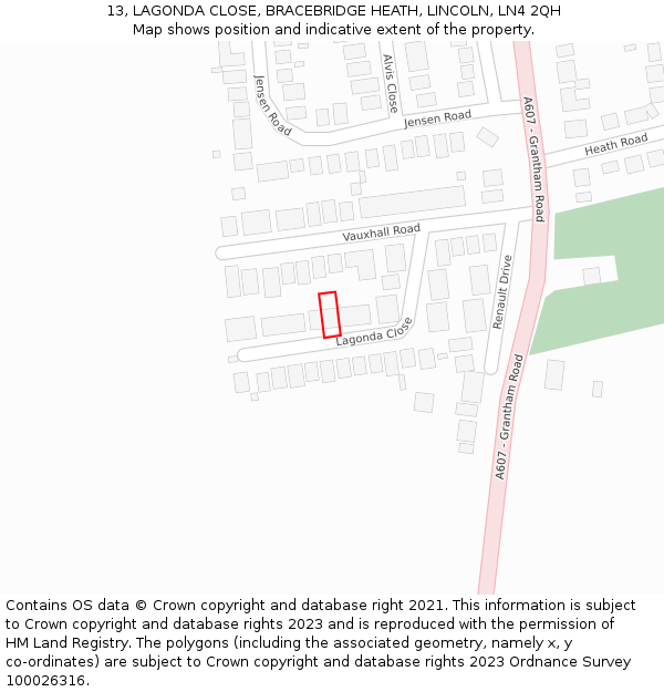 13, LAGONDA CLOSE, BRACEBRIDGE HEATH, LINCOLN, LN4 2QH: Location map and indicative extent of plot