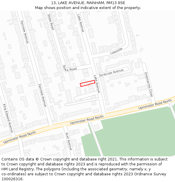 13, LAKE AVENUE, RAINHAM, RM13 9SE: Location map and indicative extent of plot