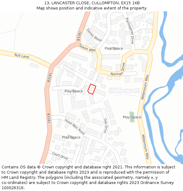 13, LANCASTER CLOSE, CULLOMPTON, EX15 1XB: Location map and indicative extent of plot