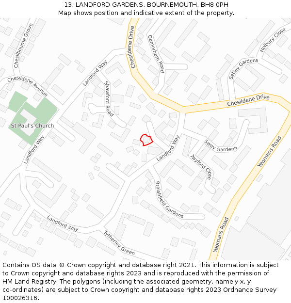 13, LANDFORD GARDENS, BOURNEMOUTH, BH8 0PH: Location map and indicative extent of plot