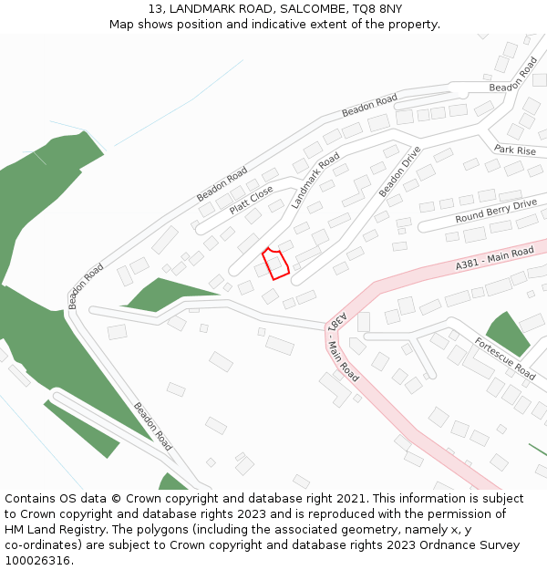 13, LANDMARK ROAD, SALCOMBE, TQ8 8NY: Location map and indicative extent of plot