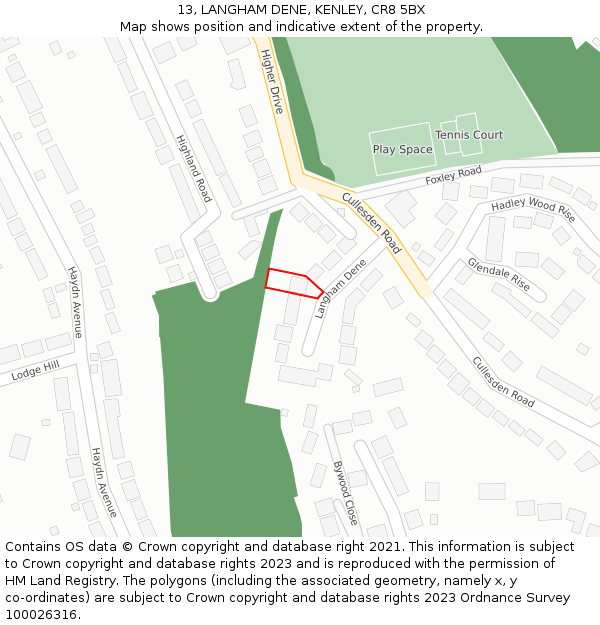 13, LANGHAM DENE, KENLEY, CR8 5BX: Location map and indicative extent of plot