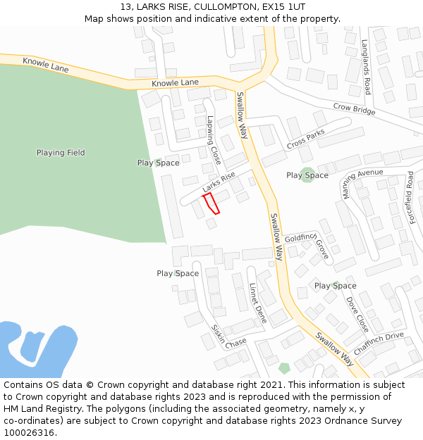 13, LARKS RISE, CULLOMPTON, EX15 1UT: Location map and indicative extent of plot