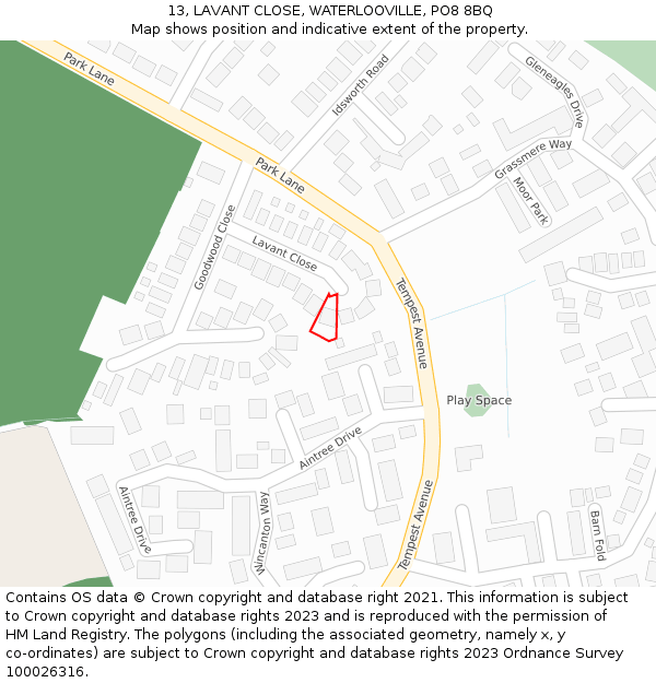 13, LAVANT CLOSE, WATERLOOVILLE, PO8 8BQ: Location map and indicative extent of plot