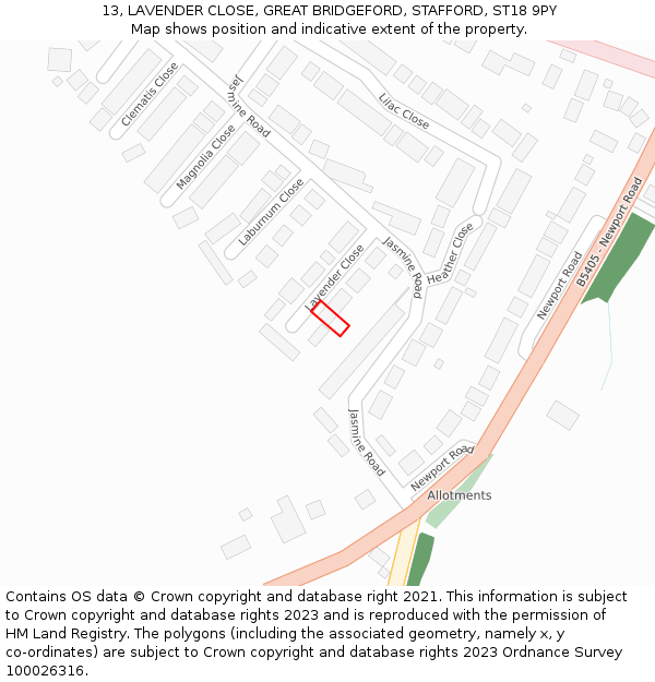 13, LAVENDER CLOSE, GREAT BRIDGEFORD, STAFFORD, ST18 9PY: Location map and indicative extent of plot