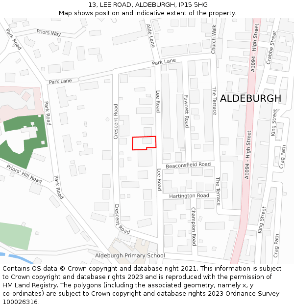 13, LEE ROAD, ALDEBURGH, IP15 5HG: Location map and indicative extent of plot