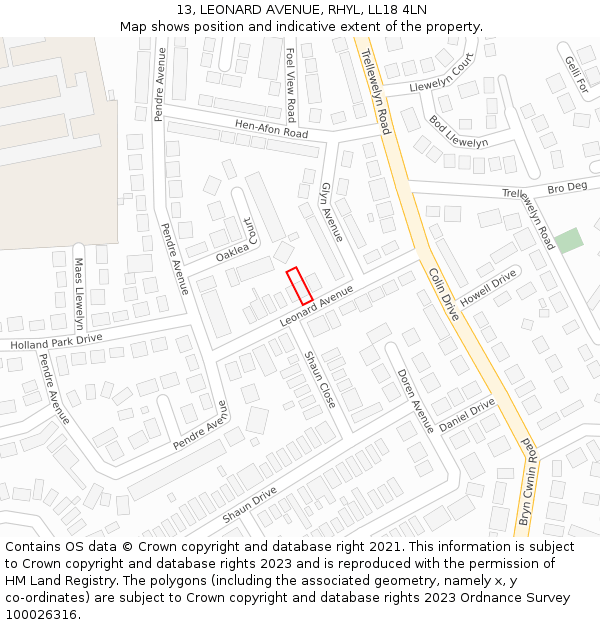 13, LEONARD AVENUE, RHYL, LL18 4LN: Location map and indicative extent of plot
