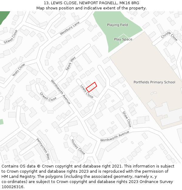 13, LEWIS CLOSE, NEWPORT PAGNELL, MK16 8RG: Location map and indicative extent of plot