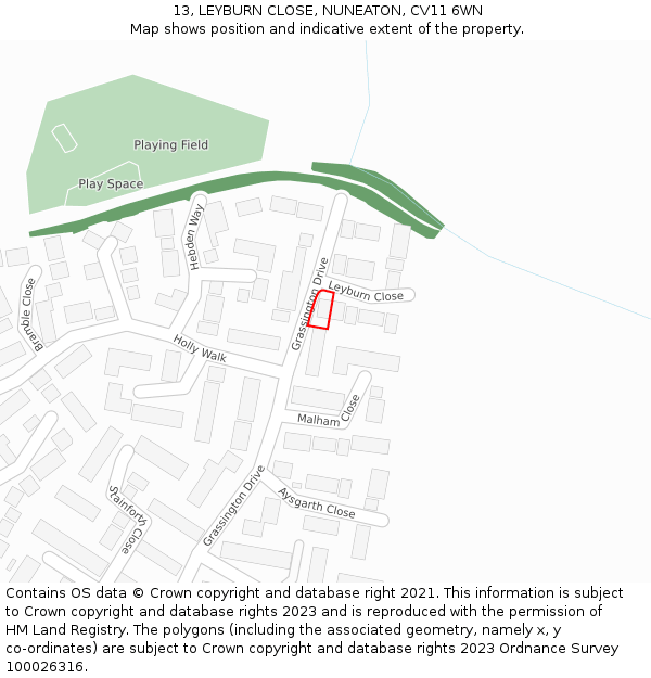 13, LEYBURN CLOSE, NUNEATON, CV11 6WN: Location map and indicative extent of plot