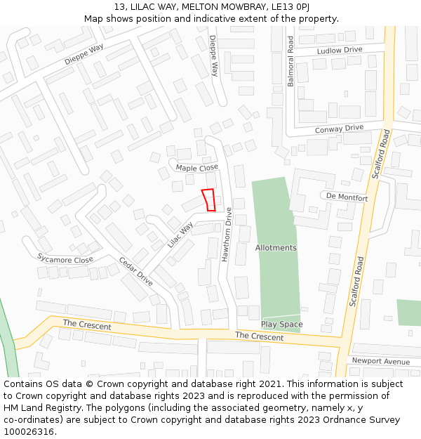 13, LILAC WAY, MELTON MOWBRAY, LE13 0PJ: Location map and indicative extent of plot