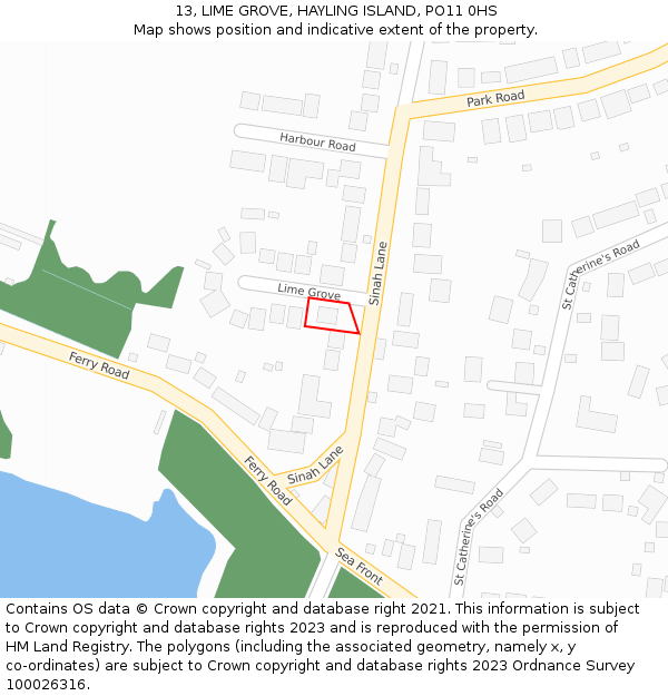 13, LIME GROVE, HAYLING ISLAND, PO11 0HS: Location map and indicative extent of plot