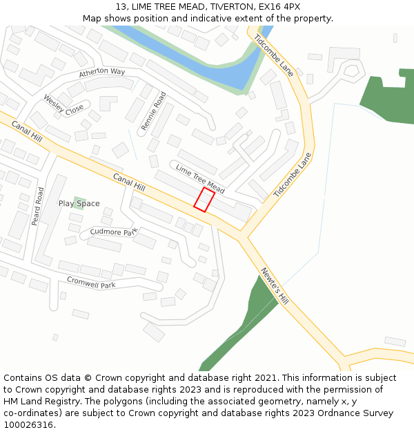 13, LIME TREE MEAD, TIVERTON, EX16 4PX: Location map and indicative extent of plot