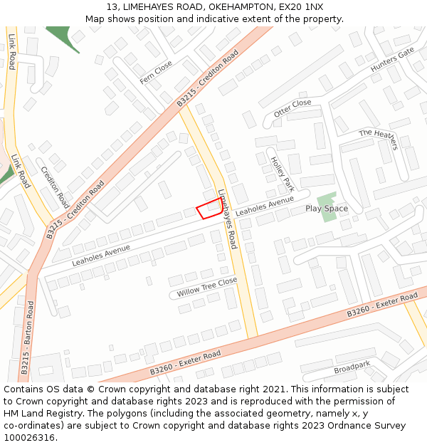 13, LIMEHAYES ROAD, OKEHAMPTON, EX20 1NX: Location map and indicative extent of plot