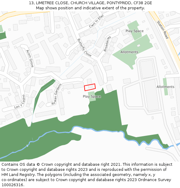 13, LIMETREE CLOSE, CHURCH VILLAGE, PONTYPRIDD, CF38 2GE: Location map and indicative extent of plot