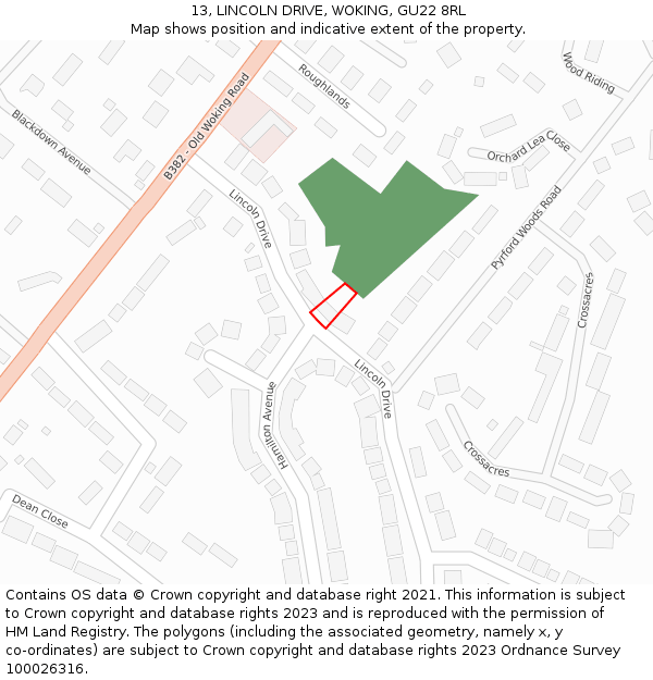 13, LINCOLN DRIVE, WOKING, GU22 8RL: Location map and indicative extent of plot