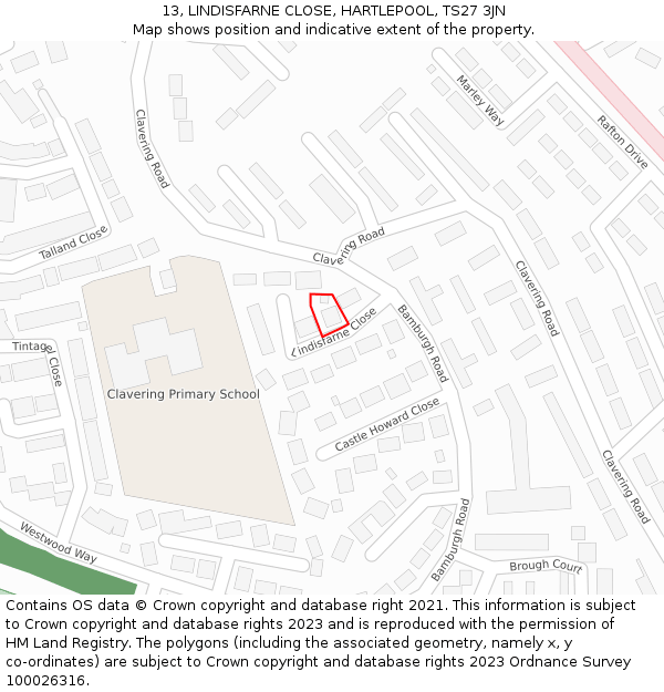 13, LINDISFARNE CLOSE, HARTLEPOOL, TS27 3JN: Location map and indicative extent of plot