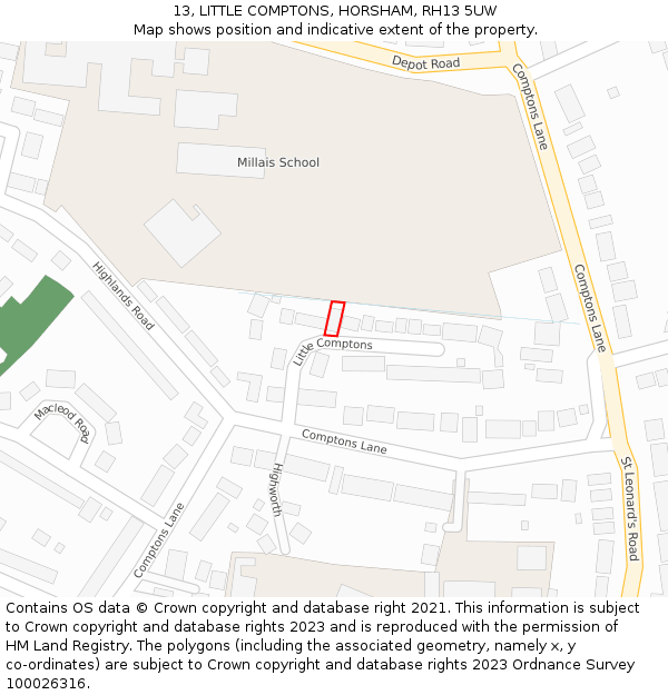 13, LITTLE COMPTONS, HORSHAM, RH13 5UW: Location map and indicative extent of plot