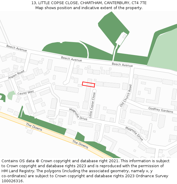 13, LITTLE COPSE CLOSE, CHARTHAM, CANTERBURY, CT4 7TE: Location map and indicative extent of plot