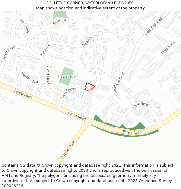 13, LITTLE CORNER, WATERLOOVILLE, PO7 6XL: Location map and indicative extent of plot