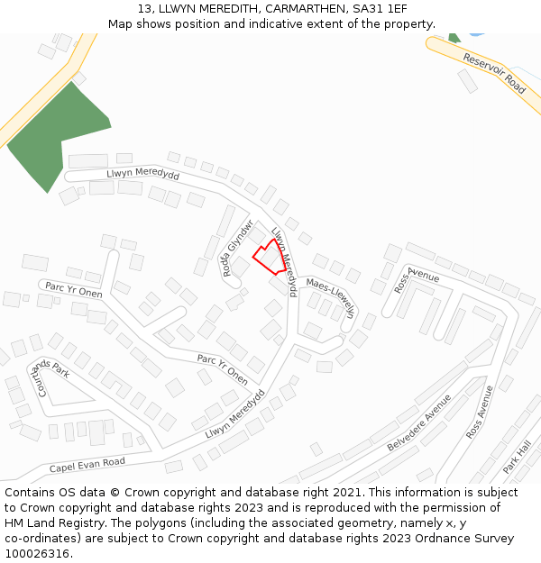 13, LLWYN MEREDITH, CARMARTHEN, SA31 1EF: Location map and indicative extent of plot