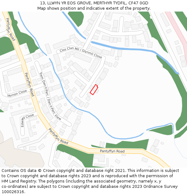 13, LLWYN YR EOS GROVE, MERTHYR TYDFIL, CF47 0GD: Location map and indicative extent of plot