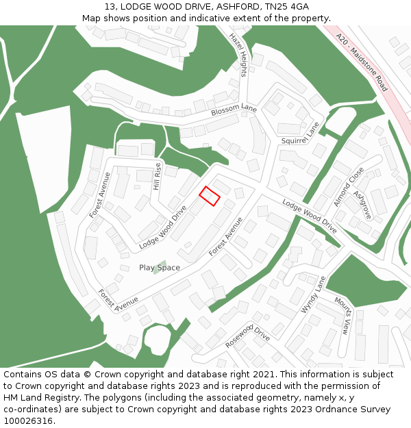 13, LODGE WOOD DRIVE, ASHFORD, TN25 4GA: Location map and indicative extent of plot