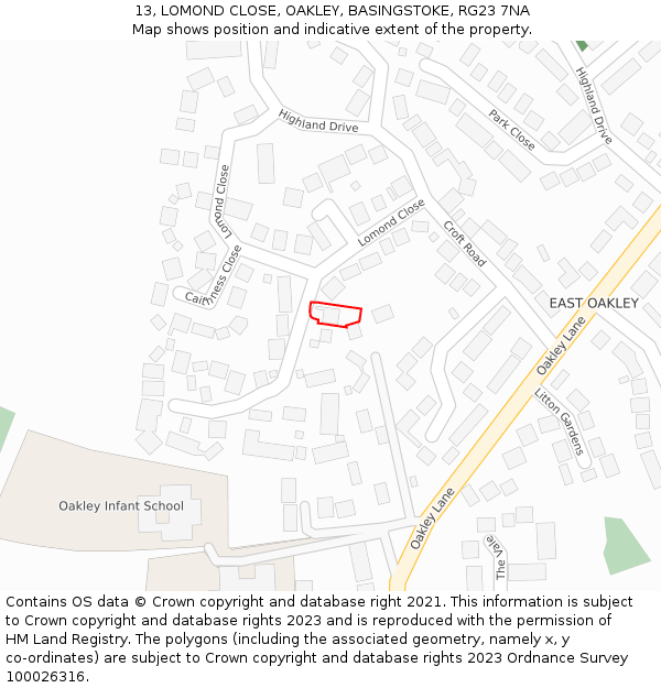 13, LOMOND CLOSE, OAKLEY, BASINGSTOKE, RG23 7NA: Location map and indicative extent of plot