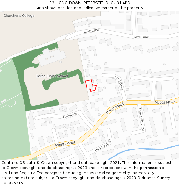 13, LONG DOWN, PETERSFIELD, GU31 4PD: Location map and indicative extent of plot