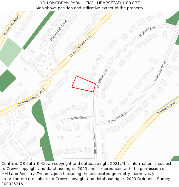 13, LONGDEAN PARK, HEMEL HEMPSTEAD, HP3 8BZ: Location map and indicative extent of plot