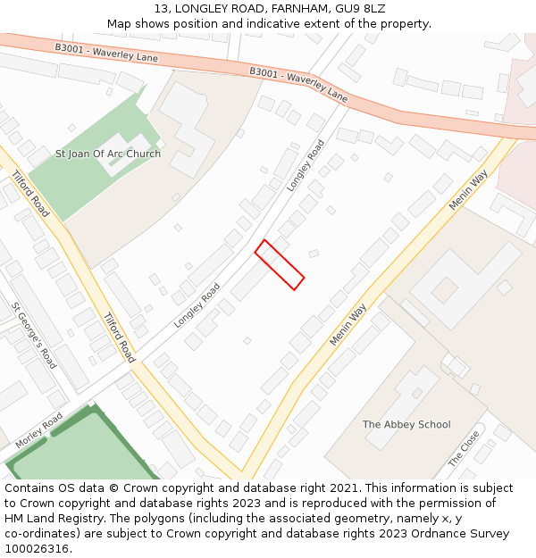 13, LONGLEY ROAD, FARNHAM, GU9 8LZ: Location map and indicative extent of plot