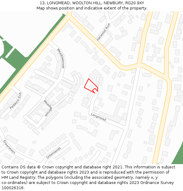 13, LONGMEAD, WOOLTON HILL, NEWBURY, RG20 9XY: Location map and indicative extent of plot