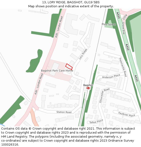 13, LORY RIDGE, BAGSHOT, GU19 5BS: Location map and indicative extent of plot