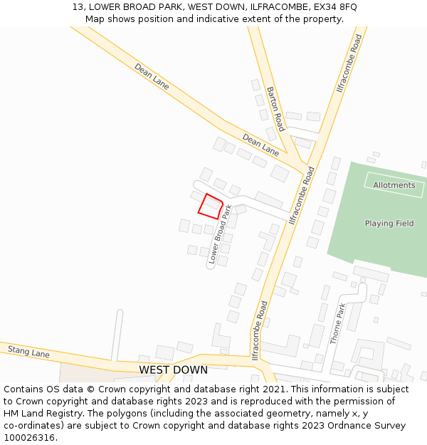 13, LOWER BROAD PARK, WEST DOWN, ILFRACOMBE, EX34 8FQ: Location map and indicative extent of plot