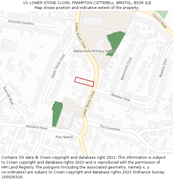 13, LOWER STONE CLOSE, FRAMPTON COTTERELL, BRISTOL, BS36 2LE: Location map and indicative extent of plot