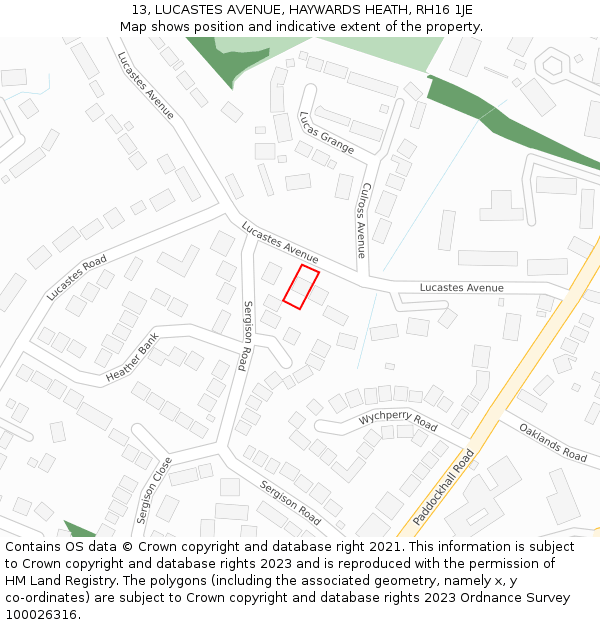 13, LUCASTES AVENUE, HAYWARDS HEATH, RH16 1JE: Location map and indicative extent of plot