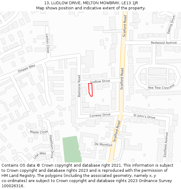 13, LUDLOW DRIVE, MELTON MOWBRAY, LE13 1JR: Location map and indicative extent of plot