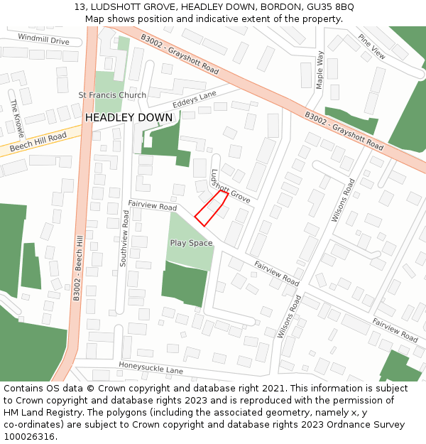 13, LUDSHOTT GROVE, HEADLEY DOWN, BORDON, GU35 8BQ: Location map and indicative extent of plot