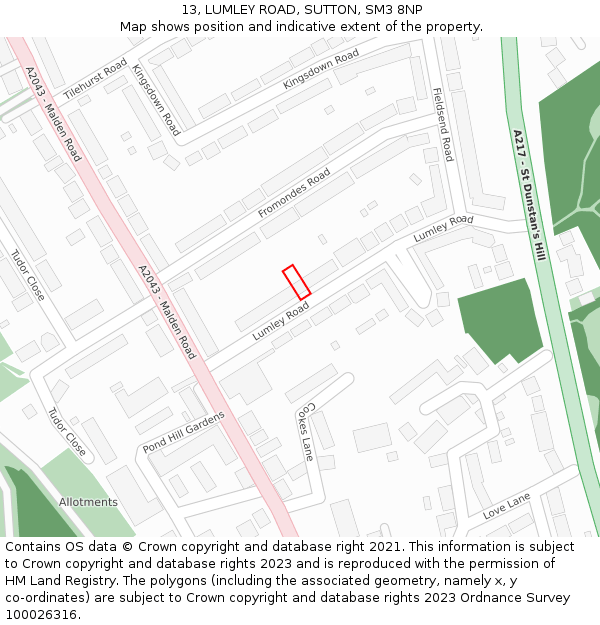 13, LUMLEY ROAD, SUTTON, SM3 8NP: Location map and indicative extent of plot