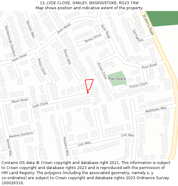 13, LYDE CLOSE, OAKLEY, BASINGSTOKE, RG23 7AW: Location map and indicative extent of plot